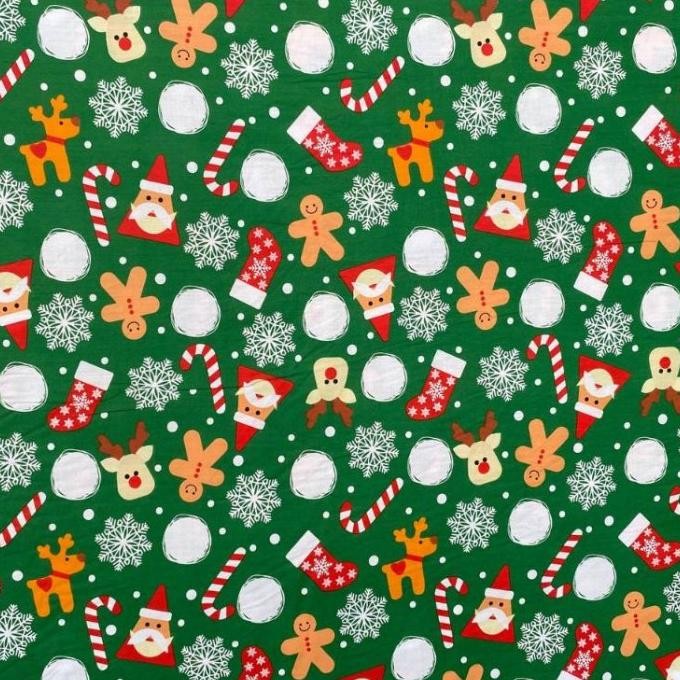 kain katun sprei meteran motif natal santa baby hijau bahan kain sprei LN