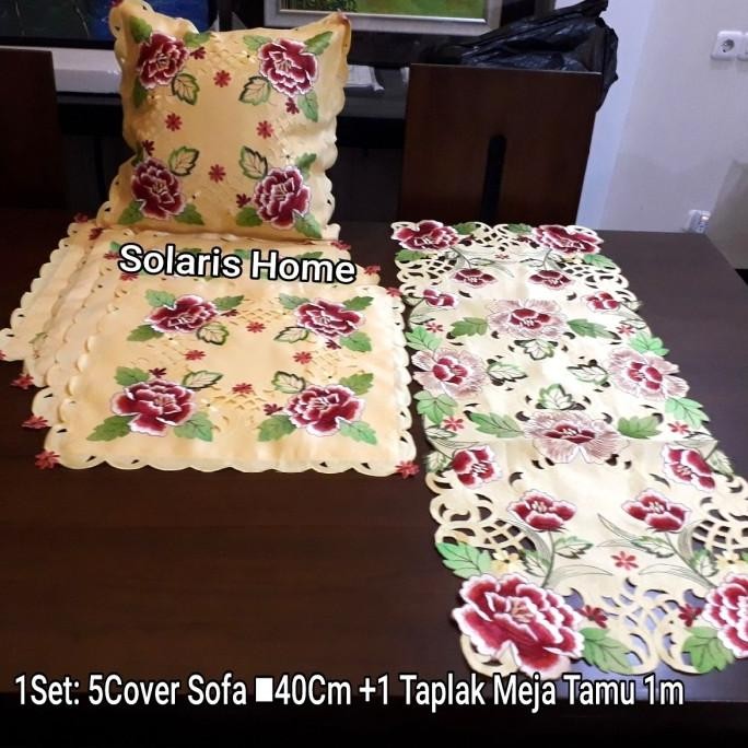 Sarung Bantal Kursi Import,Kuning Bordir Bunga Mawar + 1Taplak Tamu .
