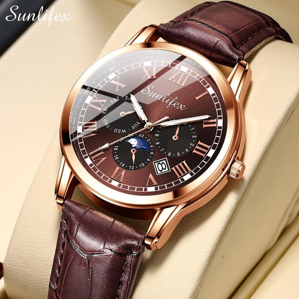 Sunlifex Jam Tangan Pria 7003 Kalender Kuarsa Santai Bisnis Tali Kulit Jam Tangan Cowok