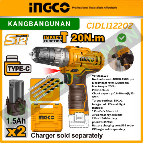 INGCO CIDLI12202 MESIN BOR IMPACT 12V CORDLESS IMPACT DRILL 12V