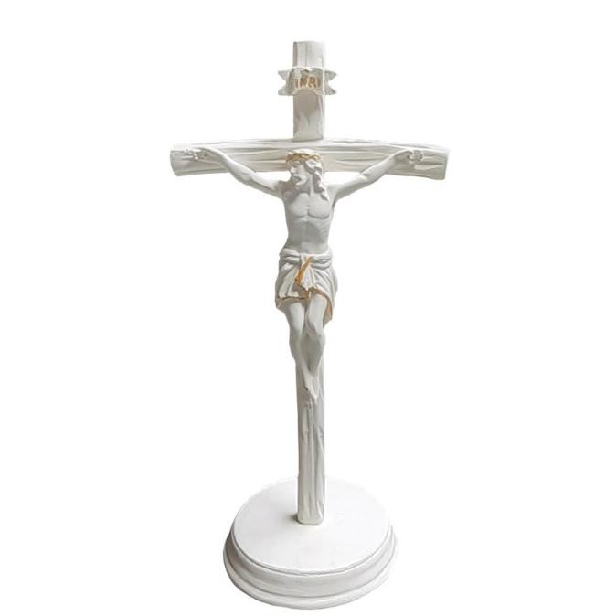 *#*#*#*#] Salib Yesus Duduk Resin Motif Kayu Full Putih 25cm Salib Meja Katolik