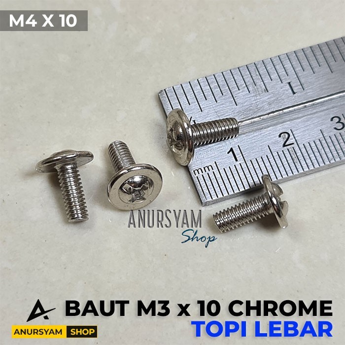Baut M4x10 Ring Lebar Chrome Asli / Baut Topi Lebar M4 x 10 Chrome