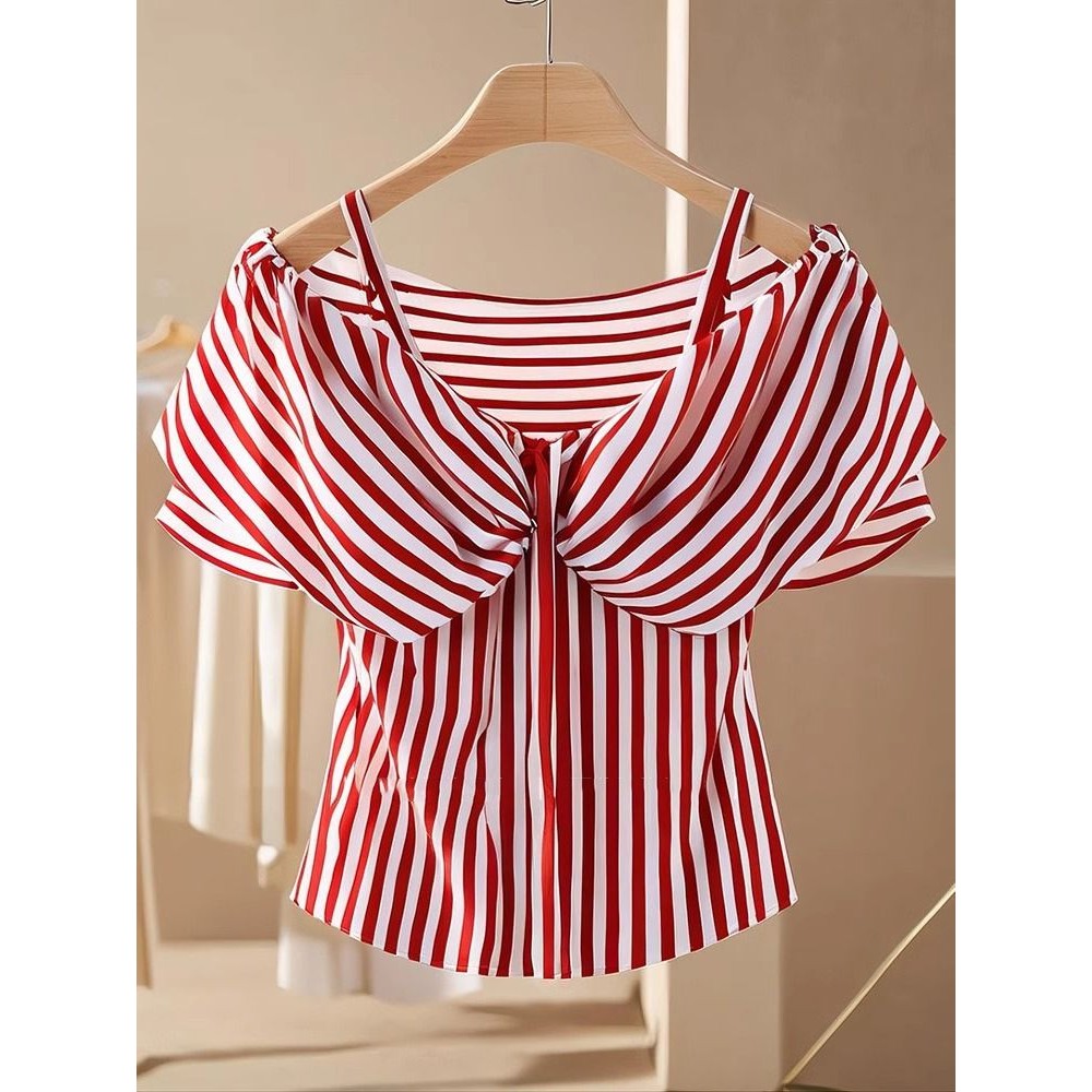 Baju Lengan Pendek, Baju Bahu Terbuka Garis-garis Merah Niche