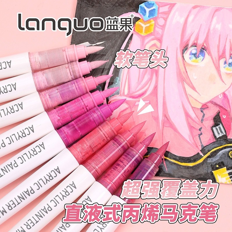 Set 81 warna Languo spidol akrilik cair lurus cat lukis kepala lembut Warna Dasar Spidol Akrilik Per