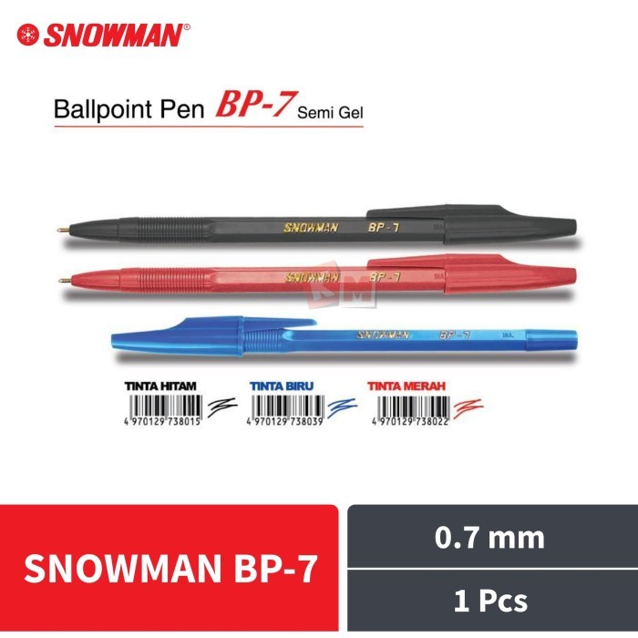 

Pulpen Ballpoint Pena Snowman BP-7 BP7 Hitam Merah Biru 0.7 mm 1 Pcs
