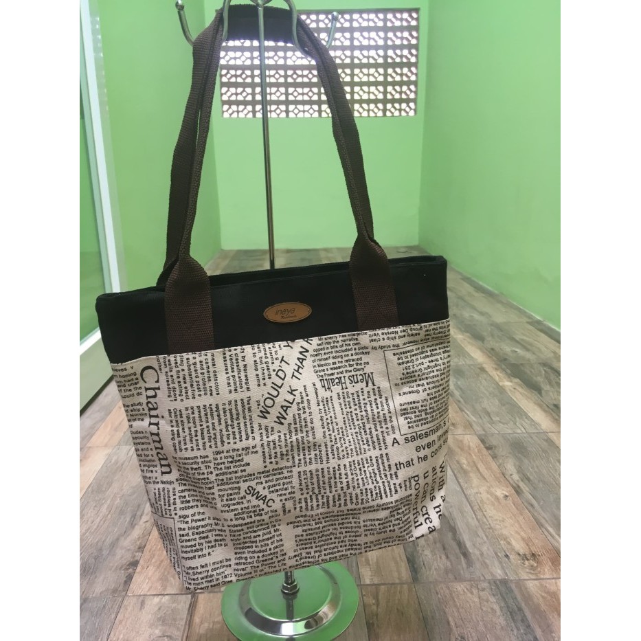 Tas Tote Bag - Linen Motif Kertas Koran
