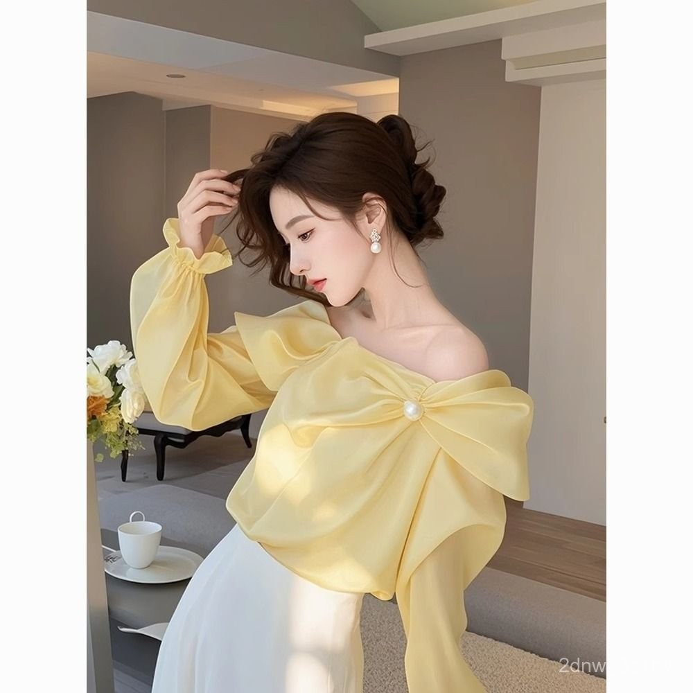 Blus Wanita Bahu Terbuka, Baju Lengan Panjang Sifon Elegan