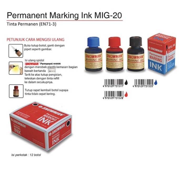 

HARGA DISC - (1 lusin) tinta spidol SNOWMAN refill ink MIG-20 untuk spidol G-12