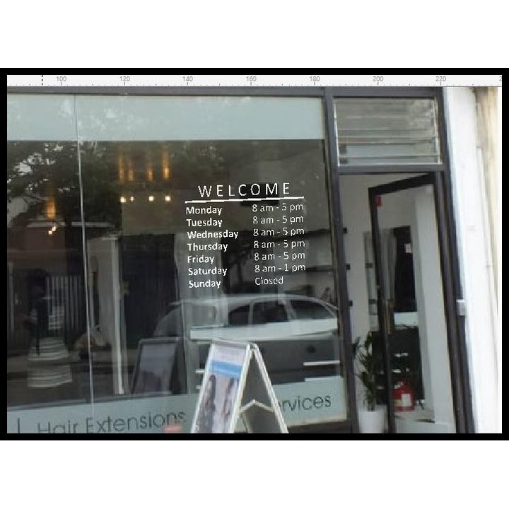 

TERMURAH SIGN STIKER JAM BUKA TUTUP TOKO WELCOME STORE OPENING HOURS CUTTING !!!!!!