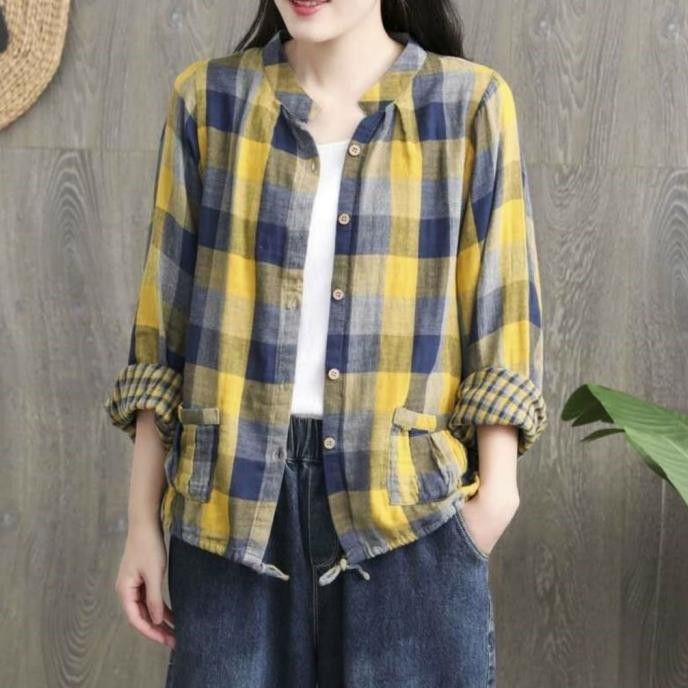 DARLAN Double Cloth Top Kemeja Linen Kotak Oversized Korea Import PM