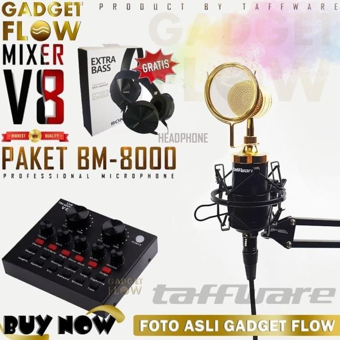 PAKET KOMPLIT MIC BM8000 STAND MICROPHONE BM 8000 SOUNDCARD MIXER V8 ORIGINAL DAN TERPERCAYA