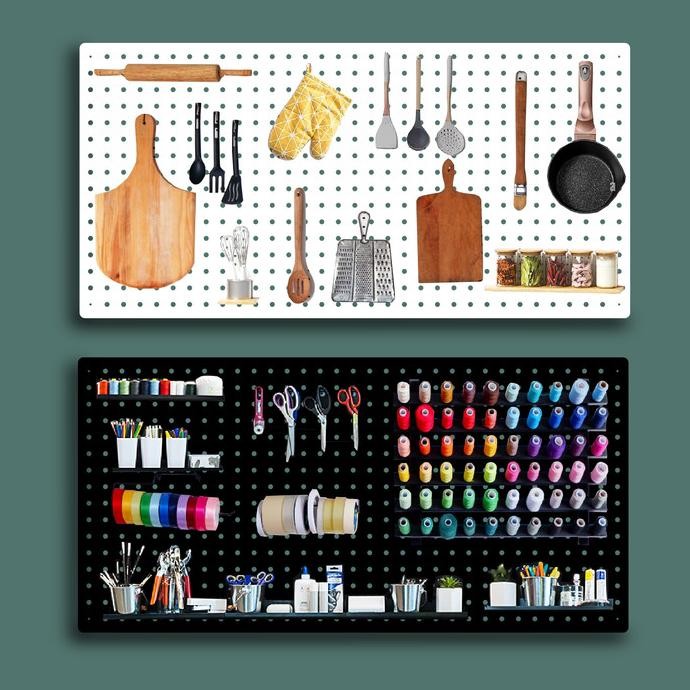 

Papan Lubang Pegboard Multifungsi 100X50Cm + Gantungan/Hook Dekorasi Original Dan Terpercaya
