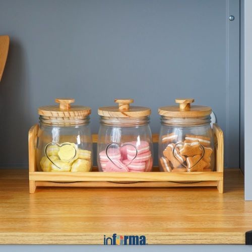 TERUJI Informa 700 Ml Set 3 Pcs Coco Stoples Kaca Dengan Nampan Jar Toples Kue Kering Perlengkapan