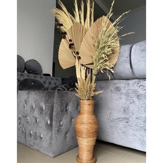 PAKET DAUN PALEM KERING DAN POT GUCI AKAR TINGGI 40CM+DEKORASI