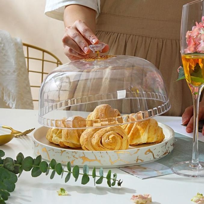 WADAH SAJI KUE / MARBLE CERAMIC CAKE PLATE WITH LID / TEMPAT KUE PIRING SAJI DENGAN TUTUP / PIRING K