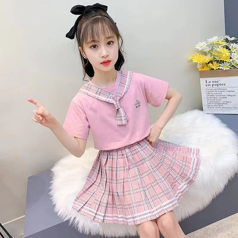 2Pcs-2-14Y-anak-kemeja-atasan-rok-bawahan-set-jk-seragam-kuliah-gaya-Jepang-Korea-Kuliah-Seragam-Sek