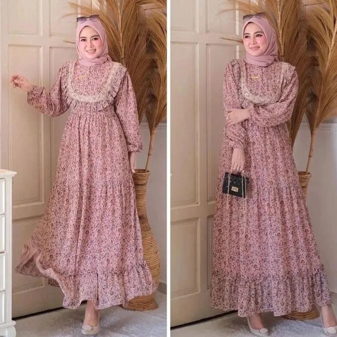 DRESS GAMIS WANITA SAKURA CERUTY BUNGA KECIL TERBARU LEBARAN SERUTI