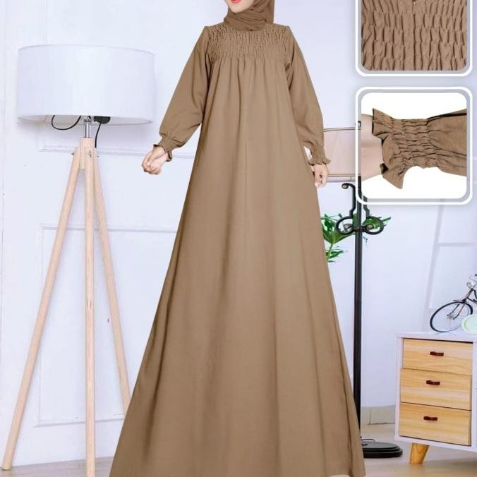 GAMIS WANITA MODEL SMOC WARNA COKLAT SUSU