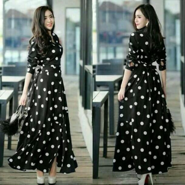 GAMIS DRESS PANJANG HITAM POLKADOT PUTIH POLKA SERRA