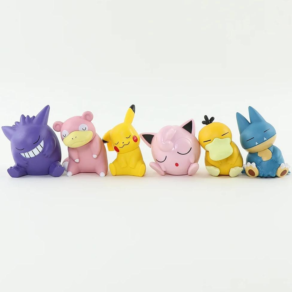 pokemon 6pcs/set pikachu psyduck gengar jigglypuff gonbe slowpoke shoulder to shoulder sleep cute mo