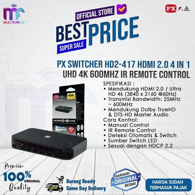 

PX Switcher HD2-417 HDMI 2.0 4 in 1 UHD 4K 600MHz IR Remote Control