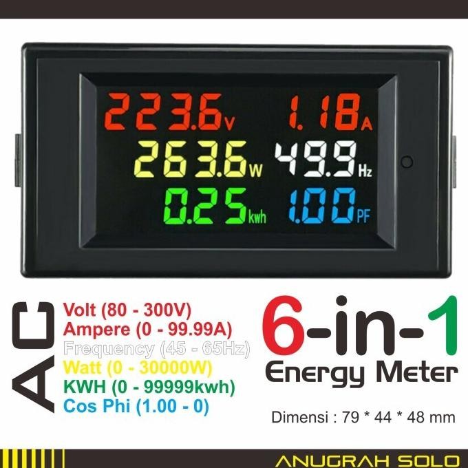 AC Power Meter 6 in 1 Volt Ampere Watt Hz KWH Cos Phi Meter Digital
