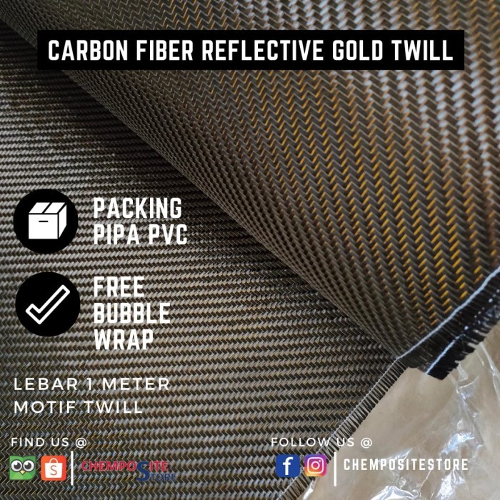 serat carbon fiber kevlar GOLD reflective metalic TWILL 200Gsm L 1m