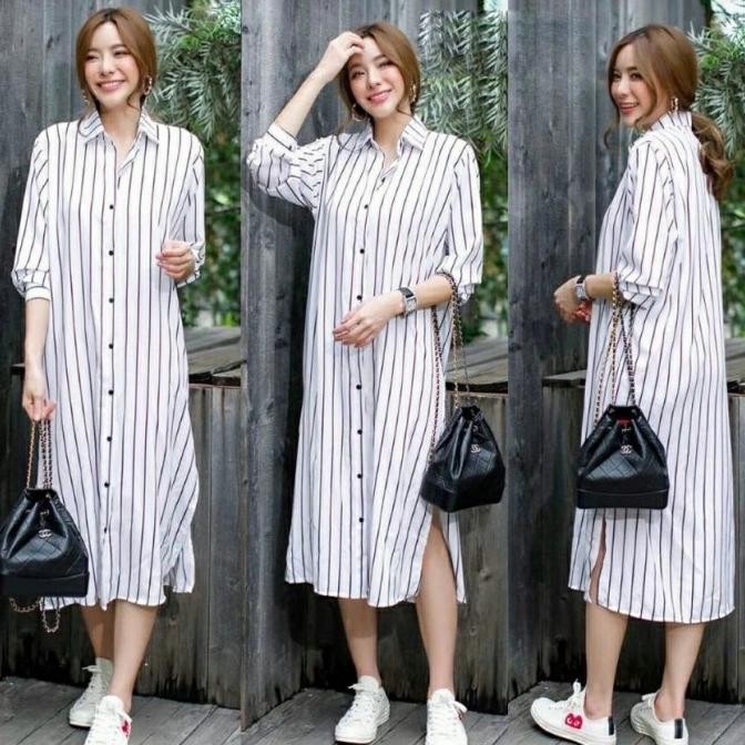 GAMIS LONG DRESS MUSLIM SALUR GARIS XL BELAH BAWAH PUTIH ALICE SERRA CS