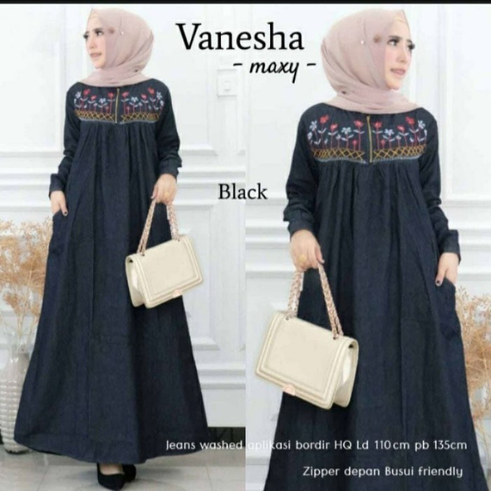 Gamis Bordir Wanita Muslimah Jeans Remaja & Dewasa / Dress Wanita - Biru