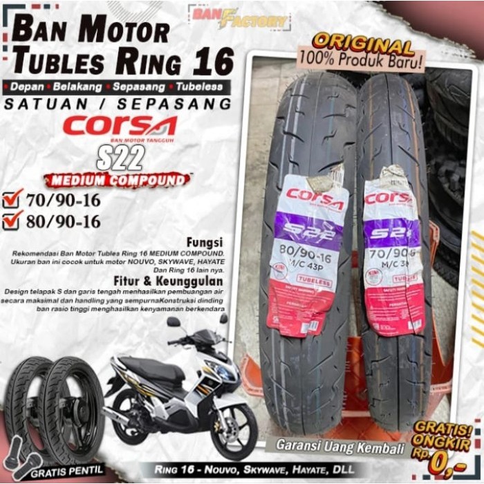 Ban Motor Matic Tubles Ring 16 Corsa S22 Ring 16 Ban Depan Belakang Motor Nouvo Skywave Hayate Ring 