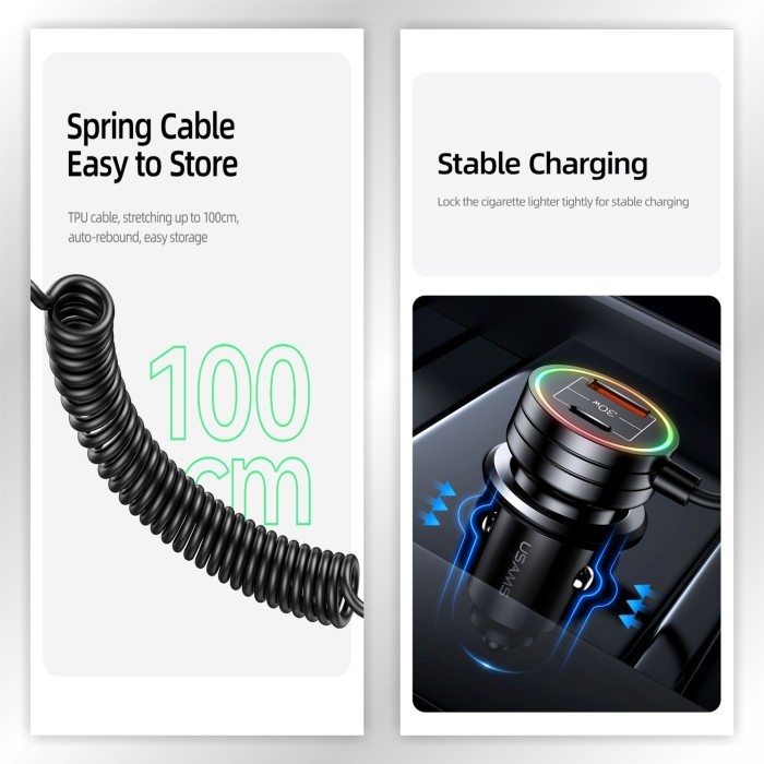 Usams C33 Car Charger Mobil With Spring Cable 60W