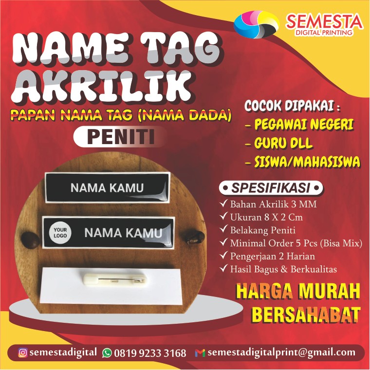 

CETAK NAME TAG AKRILIK / PAPAN NAMA DADA / PENITI