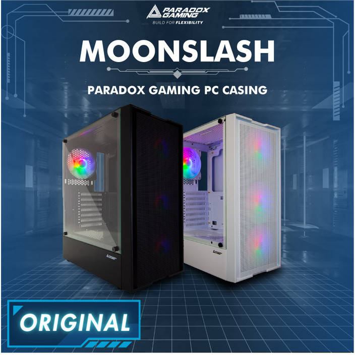 HARGA DISC - PARADOX GAMING MOONSLASH CASE ATX Black / White - Casing PC Free 4x Fan RGB