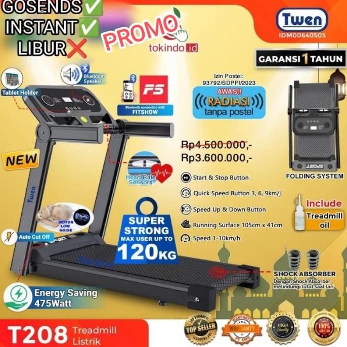 TREADMILL T208 ALAT OLAHARAGA LARI GYM FITNES LISTRIK HOMEWORK TWEN