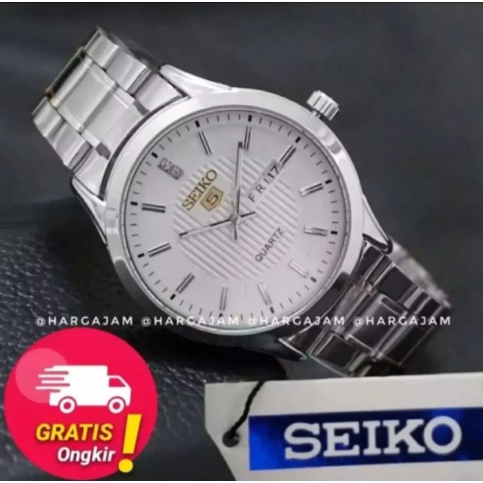 terlaris jam Tangan Pria SEIKO 5 Original Analog Tggl Hari stainless steell - silver BV249