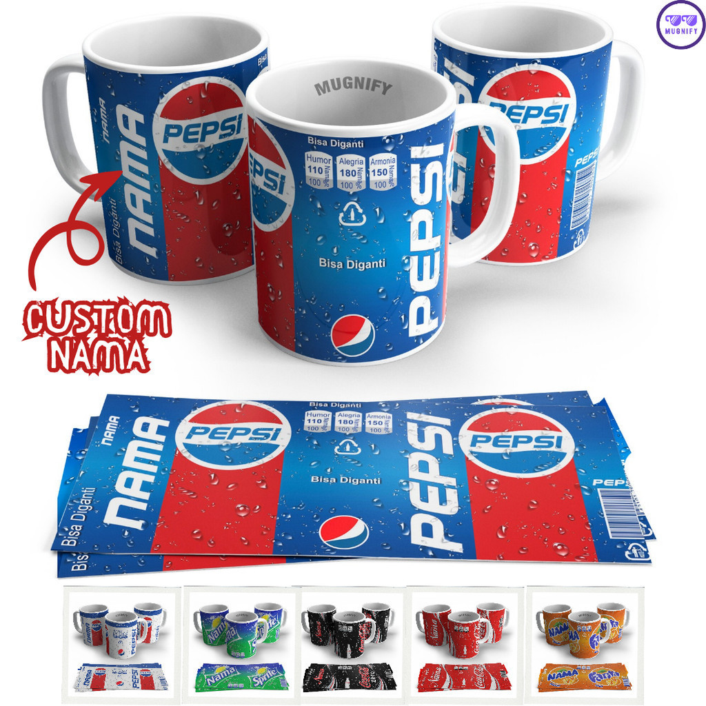 UNIK Gelas Mug Custom Nama | Kado Gelas Mug Custom Desain Minuman Soda Pepsi Cola Fanta Sprite