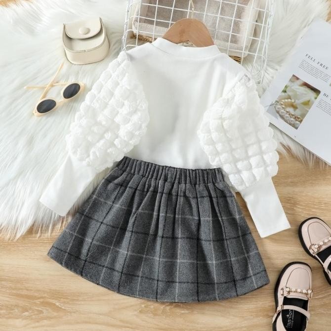 Setelan Set Anak Perempuan Blouse Crinkle + Rok Fanel Kotak Import  RIY