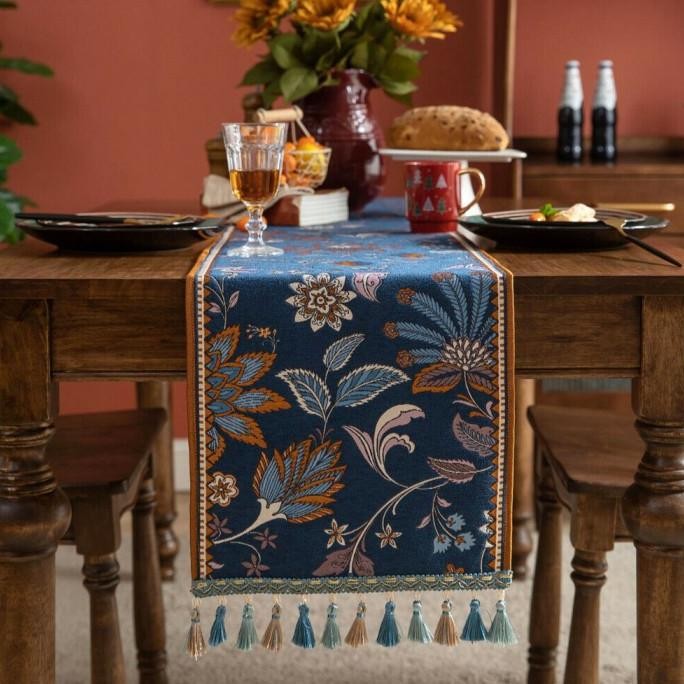 

BLUE- TABLE RUNNER TROPICAL TAPLAK MEJA MAKAN TAMU PREMIUM BLUE LEAF