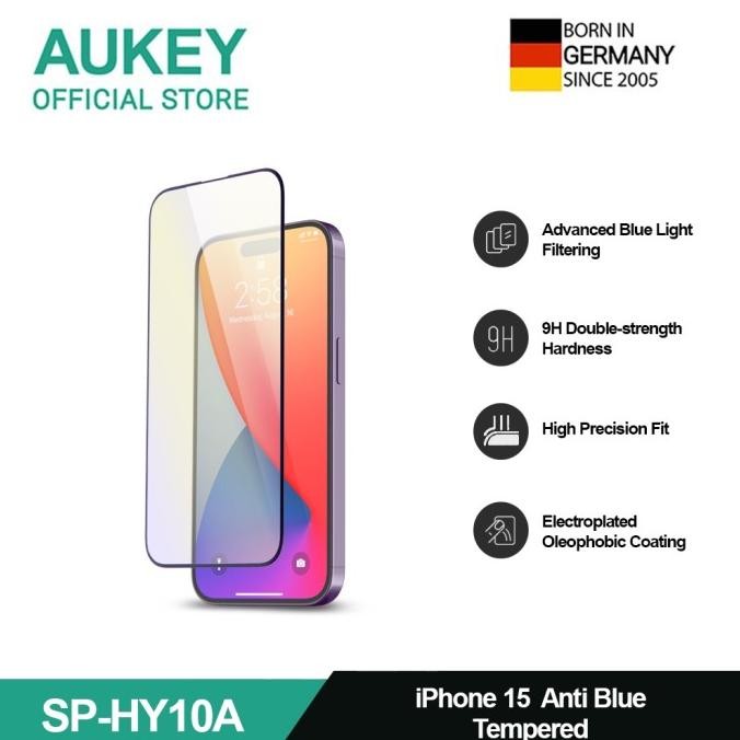 

BLUE- AUKEY IPHONE 15 PREMIUM OPTIGLOW ANTI-BLUE RAY TEMPERED GLASS SP-HY10