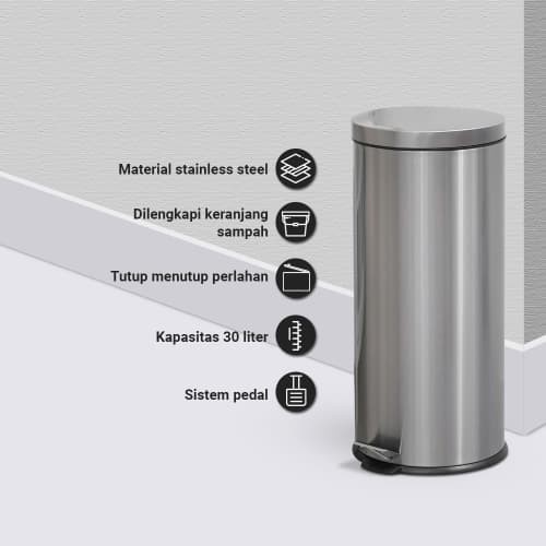 TEMPAT SAMPAH 30 LTR STAINLESS SLOW CLOSE - SILVER