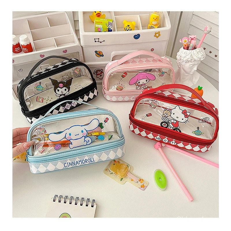 

Kawaii Cartoon Hellokitty Kuromi Large Capacity Transparent Double Layer Pencil Case Cartoon Cinnamoroll Stationery Pen Bag 6F8U