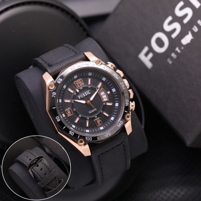 Bisa COD TURUN HARGA JAM TANGAN PRIA FOSSIL 8341 TALI KULIT 4,5CM TANGGAL AKTIF - Hitam Rose