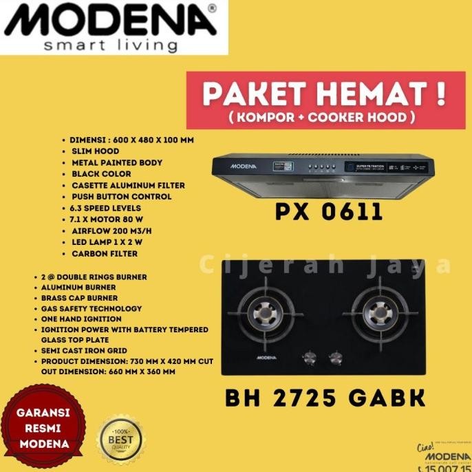 MODENA PAKET KOMPOR TANAM 2 TUNGKU BH 0725 + SLIM HOOD PX 6001