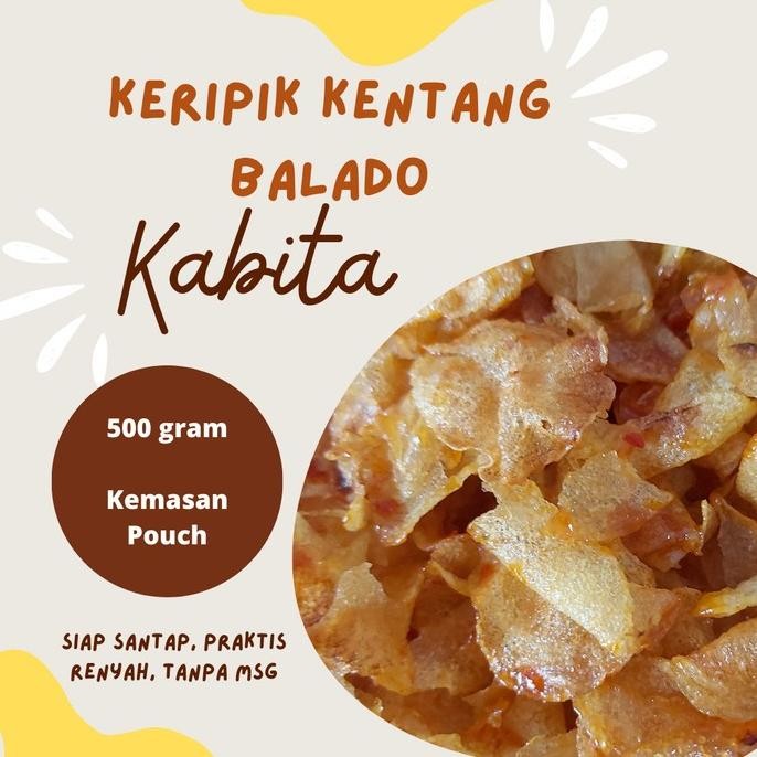 

Keripik Kentang Kabita 500G (Kemasan Pouch) Cemilan Balado Pedas Manis Daun Jeruk No Msg