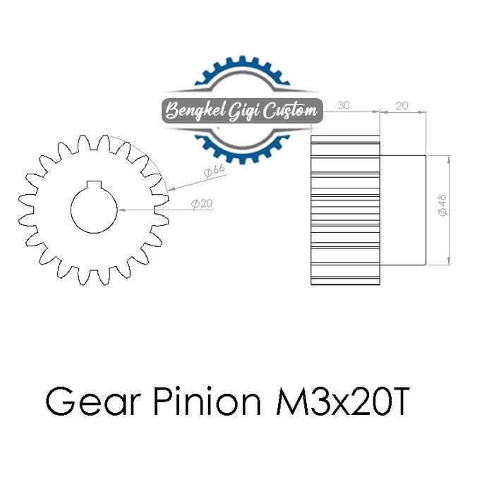 Gear Pinion Spur Custom M3x20T, Roda Gigi Lurus Diameter 66 mm Tebal 50 mm Jumlah Mata Gigi 20 Modul