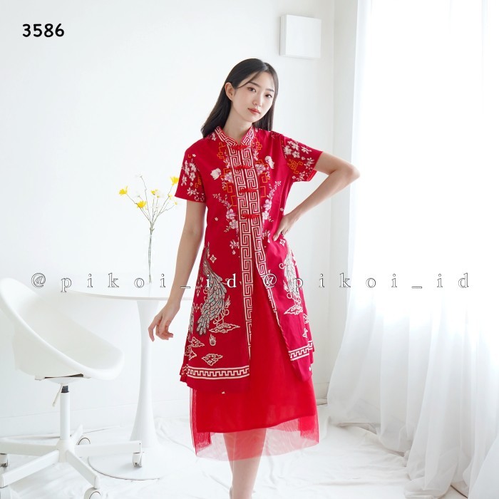 Lellay - Dress Cheongsam Merah Batik Brukat / Qipao Merah Imlek Natal / Couple