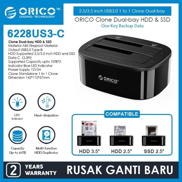 ORICO 6228US3-C docking hardisk 2.5/3.5 HDD/SSD USB3.0 dual-bay