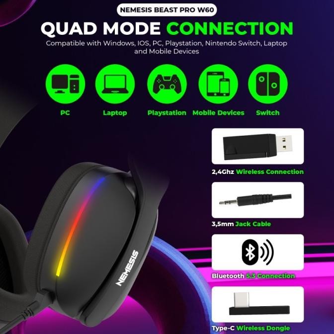 NYK NEMESIS BEAST PRO W60 / W-60 / W 60 7.1 SURROUND SOUND 3IN1 CONNECTION WIRELESS GAMING HEADSET W