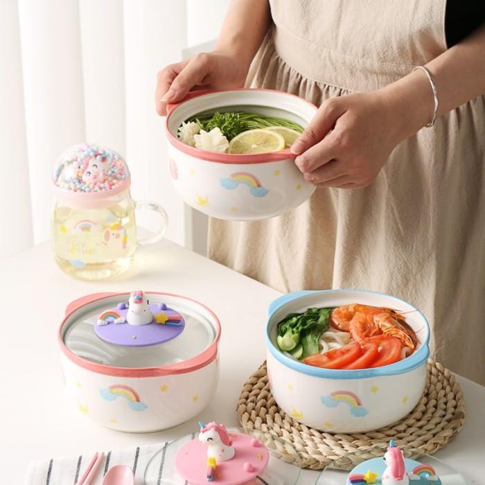 Mangkok Saji Unicorn Keramik Tutup Kaca Model Panci Mangkuk Sup Lucu