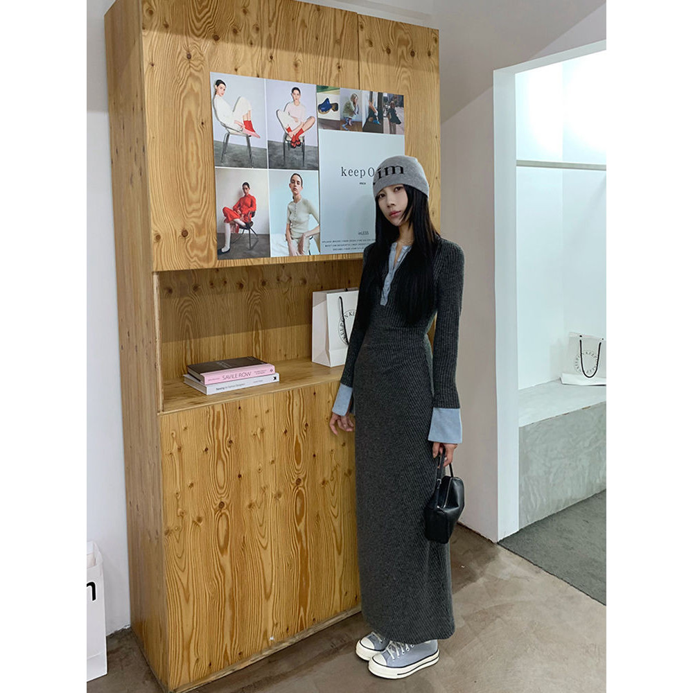 [Crunchy brulee]Long Sleeve Knitted Dress Women Korean French V-Neck Contrast Color Slim Fit Sweater